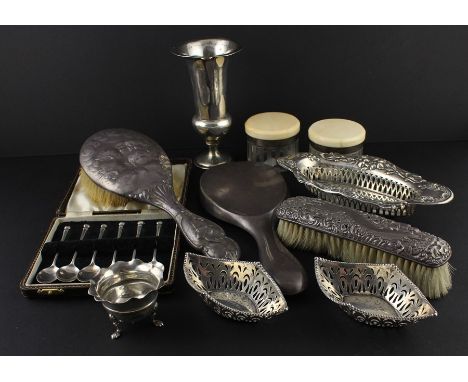 A collection of silverware, to include; a pair of Edwardian silver bon bon dishes, John Edward Wilmot, assayed&nbsp;Birmingha