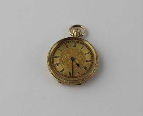 An 18ct. gold ladies' pocket watch, crown wind, having gold Roman numeral chapter ring with engine turned and floral engraved