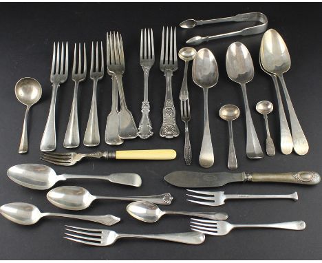 A collection of silver flatware, to include; a pair of George IV silver fiddle pattern sugar tongs, by Thomas Wilkes Barker, 