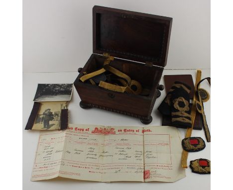 A 19th cent tea caddy containing social history item and military interest