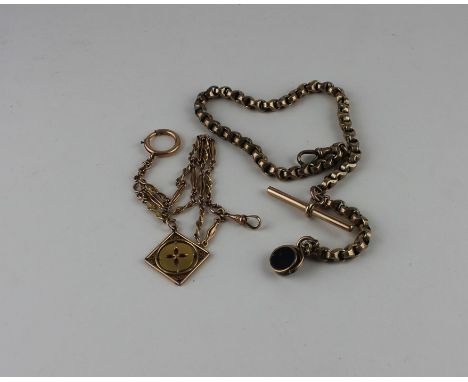 Two pinchbeck Albert chains, the first with 'T' bar and with swivel fob to one end, length 16.5cm, the other with sliding cha