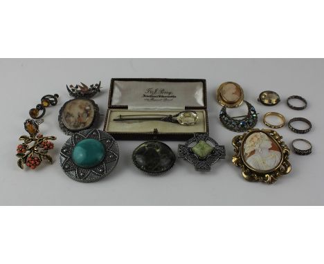 A collection of Celtic and other costume jewellery, to include; a silver kilt pin with stone set terminal in retailers case, 