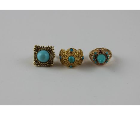 Three Middle Eastern style yellow metal and turquoise rings,&nbsp;to include; a yellow metal and turquoise ring, having squar