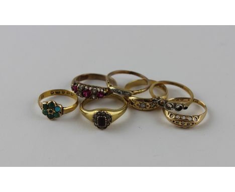 A collection of yellow gold rings, to include; A&nbsp;Victorian 22ct. gold, diamond and turquoise ring, set central diamond c