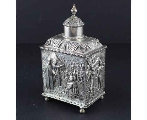 A Dutch silver rectangular tea caddy,&nbsp;19th century, the sides repousse pastoral scenes, with pull off circular domed cov