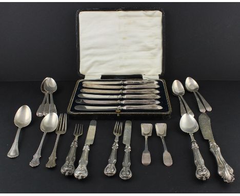 A collection of silver flatware, to include; a pair of Irish Victorian silver fiddle pattern salt spoons, by "SG" (unrecorded