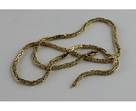 An 18ct. yellow gold fancy box link chain necklace, with lobster claw clasp, impressed "750", length approx.&nbsp;50cm. (34g)