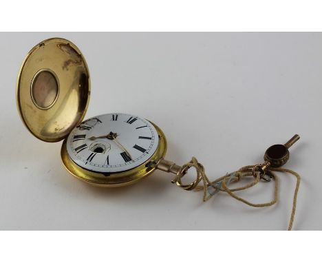 A George III Hugh Seymour (London) 18ct. gold hunter pocket watch, key wind, having domed white enamel Roman numeral dial wit