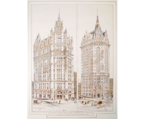 1873 Brooklyn Suspension Bridge and two views of Chicago buildings.A hand-coloured engraving of the New York and Brooklyn sus