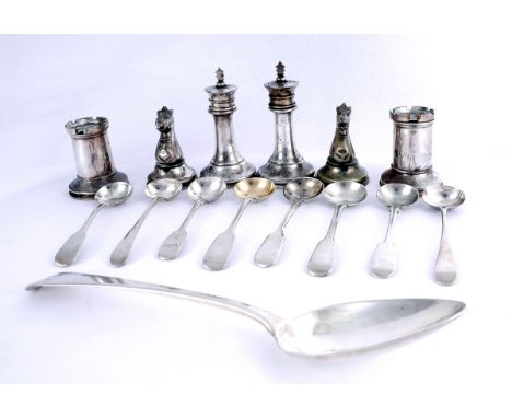 Georgian silver spoons and a double set of silver plated cruets in the form of chessmen.A George III silver Old English patte