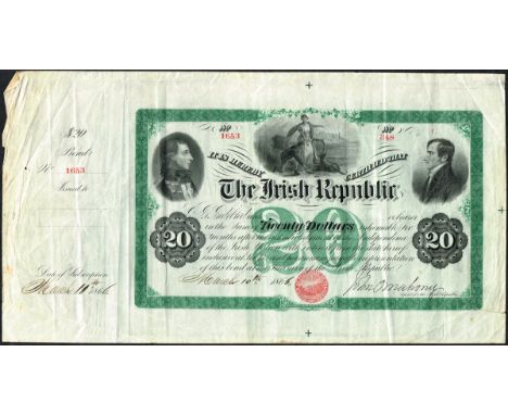 1866-67 Irish Republic Twenty Dollars 'Fenian Bond'.Dated in manuscript March 10th 1866, issuee not entred, signed in block b