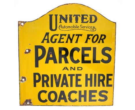 1930s United Automobile Services Ltd.A double sided enamel sign, the yellow ground with black text, 'United - Automobile Serv