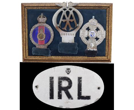 Royal Irish Automobile Club badge, Automobile Association badge, Life Guards car badge and an Irish Touring Plate.The three w