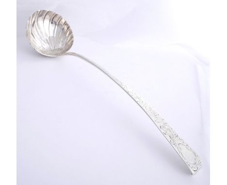 A George III Irish silver soup ladle, by Michael Cormack.Old English pattern with shell bowl and engraved heel, the hook-end 
