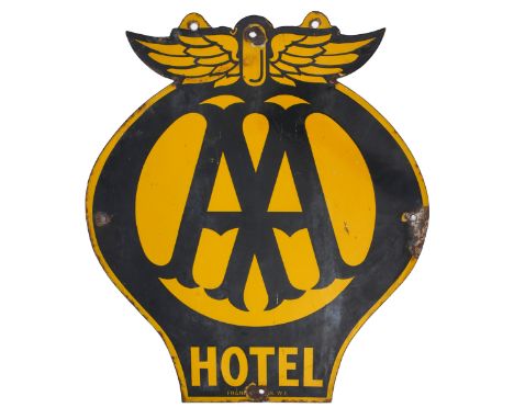 1930s Automobile Association 'Hotel' Sign.A double-sided, yellow and black enamel hanging sign by Franco. 
