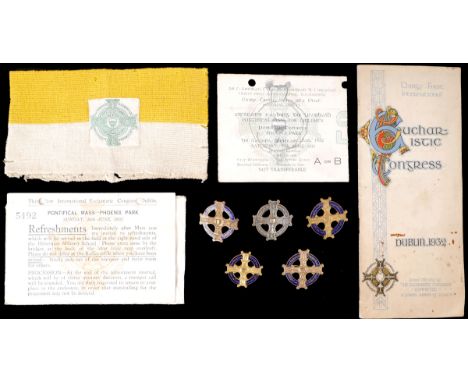 1932 Eucharistic Congress Armband, badges and tickets.Steward's knitted armband in Papal colours with green on white badge at