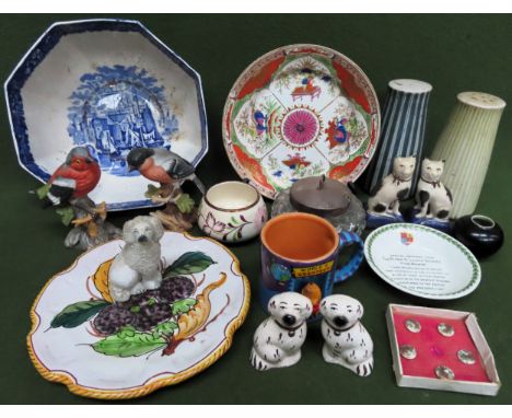 Sundry ceramics and glass Inc. various small Satffordshire Spaniels, Worcester Chamberlain's plate, large mid century shakers