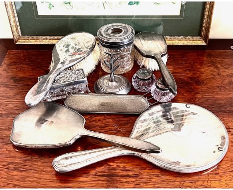 QUANTITY OF SILVER ITEMS, PIN JARS, RING TREE, MIRRORS AND BRUSHES.  TEN ITEMS