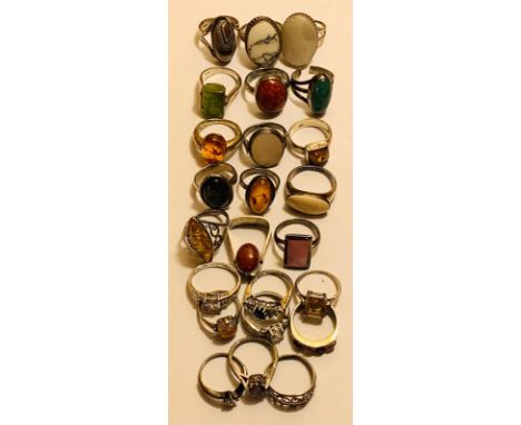 TWENTY-FOUR RINGS: SIXTEEN MARKED STERLING SILVER AND SILVER; EIGHT UNMARKED.  ALL RINGS HAVE VARIOUS SEMI-PRECIOUS STONES OR