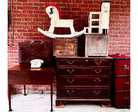 SUNDRY FURNITURE, ETC, INCLUDING OAK ANTIQUE CHEST OD DRAWERS, MAHOGANY DROP LEAF TABLE AND ROCKING HORSE, ETC, (BUYER COLLEC