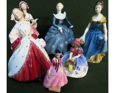 Six various Royal Doulton glazed ceramic figures Inc. The Ermine Coat, Ballad Seller, etc
smallest figure damaged