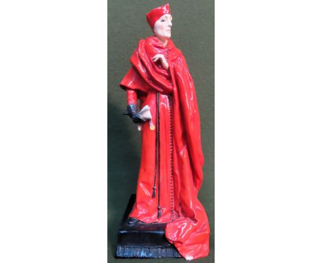 Rare Royal Doulton glazed ceramic figure of Henry Irving as Cardinal Wolsey, with black painted tassels and buttons, designed