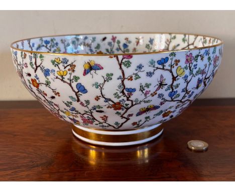 SPODE COPELAND CHINA CERAMIC FRUIT BOWL, THE WHOLE DECORATED WITH PRUNUS BLOSSOMS AND INSECTS, APPROX 12cm HIGH AND 25cm DIAM