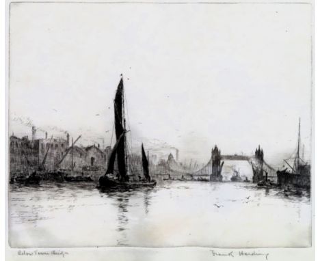 Frank Harding - Framed and glazed monochrome etching - Below Tower Bridge. Approx. 18 x 21cms
used condition