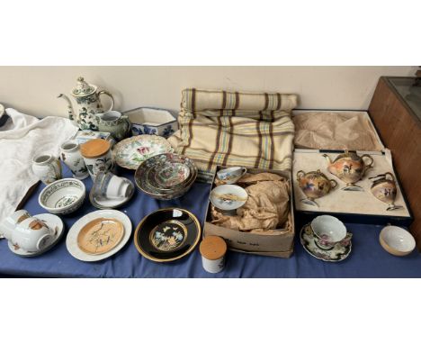 A cased Noritake three piece coffee set decorated with desert scenes together with a Japanese part tea set, three Chinese por