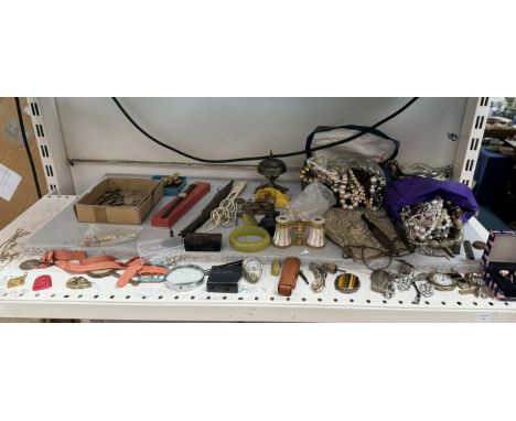 Assorted costume jewellery including beaded necklaces, faux pearls, wristwatches, cufflinks, mother of pearl opera glasses, p
