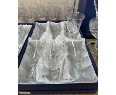 A Prestige de Limoges Ltd Souffle Bouche Christal Taille Main pedestal decanter together with boxed sets of wine and water gl