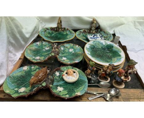 A set of four George Jones Majolica plates together with other Majolica plates, Hummel figures etc