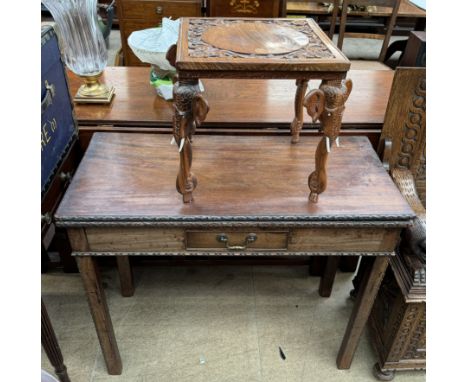 A 19th century mahogany card table with a rectangular top and drawer on square legs together with an elephant leg occasional 