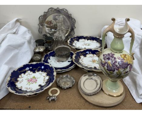 A 19th century pottery part dessert set painted with flowers together with assorted electroplated items, pottery twin handled