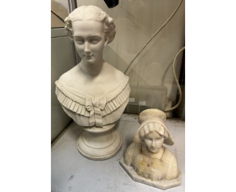 A Parian portrait bust of a maiden with her dress on her shoulders on a socle base together with a marble bust of a maiden