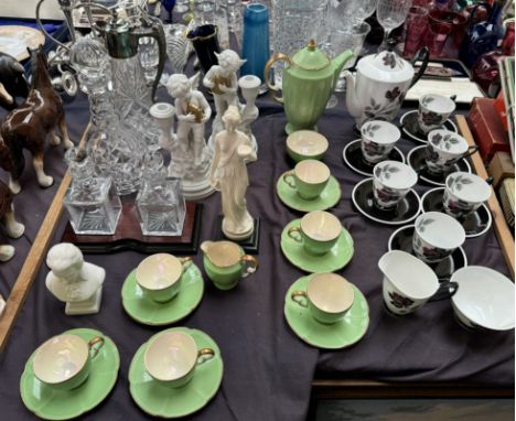 A Royal Albert Masquerade pattern part coffee set together with a Crown Devon part coffee set, parian figures, glass decanter