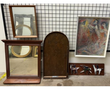 A Corinthian 10 bagatelle board together with two wall mirrors, watercolour of figures flying a kite and a ceramic abstract p