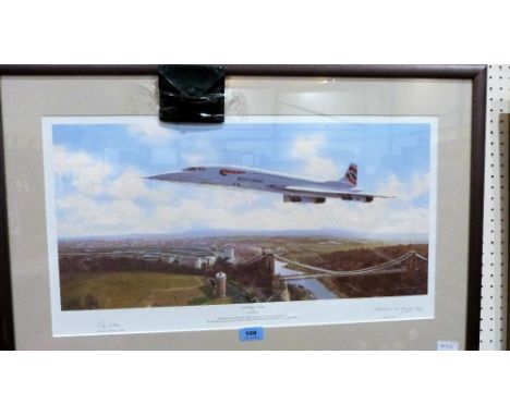 A Concorde print after Adrian Rigby 'The Final Flight'. Signed. The lot to include a leather cased Concorde letter opener