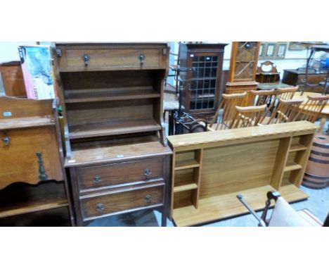 An oak students bureau, a small oak chest of drawers (worm) and a fire surround