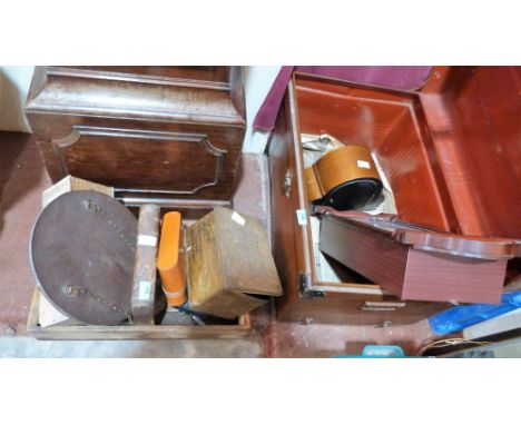 A tin trunk, two clocks, picnic set, tools and sundries