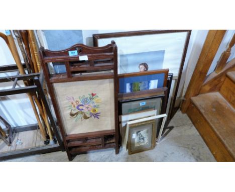 A mahogany diptych firescreen and a quantity of pictures
