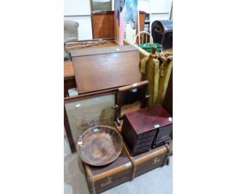 Canvas trunk, an oak students bureau, a Japanese lacquer cabinet, a treen bowl, embroidered picture and a dressing mirror