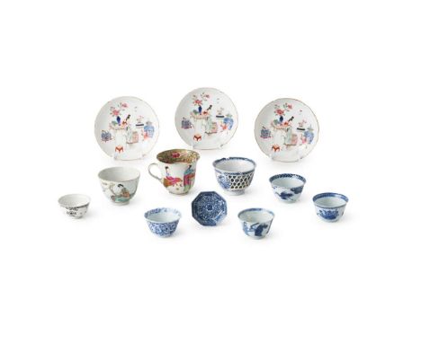  GROUP OF TWELVE PORCELAIN CUPS AND SAUCERS QING DYNASTY, 18TH-19TH CENTURY 清 各式青花、粉彩及墨彩小杯及盤（共十二件）comprising: one octagonal s