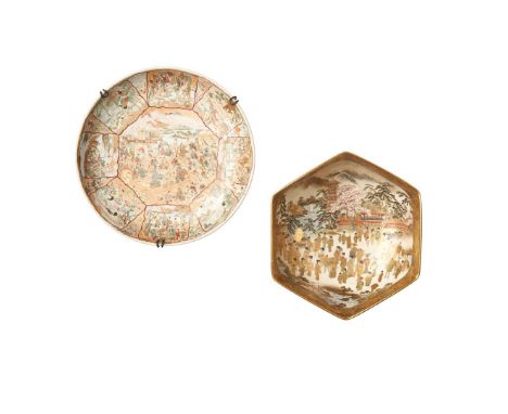  [PRIVATE SCOTTISH COLLECTION, RENFREWSHIRE] SATSUMA BOWL AND A DISH BY HODODA, MEIJI PERIOD 明治 保土田款 薩摩燒人物紋六方碗及盤（共兩件）comprisi