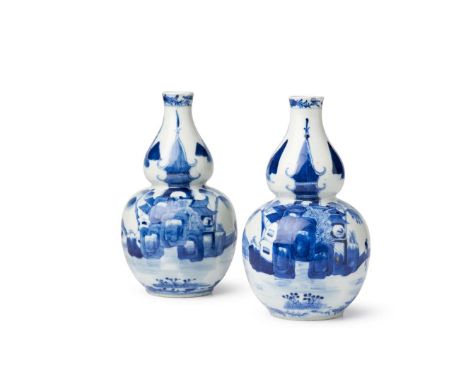 [PRIVATE SCOTTISH COLLECTION, NORTH BERWICK] PAIR OF BLUE AND WHITE DOUBLE-GOURD VASES KANGXI MARKS BUT 19TH-20TH CENTURY 十九