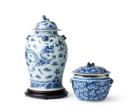  TWO BLUE AND WHITE WARES QING DYNASTY, 19TH CENTURY 清 青花雙龍戲珠紋將軍罐 及 冰梅紋蓋罐（共兩件）comprising: one baluster vase with cover, the b