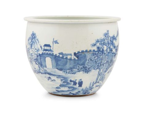  BLUE AND WHITE 'FORTRESS' BASIN QING DYNASTY, 19TH CENTURY 清 青花山水城門卷缸the steep sides rising to short everted rim, the bulbou