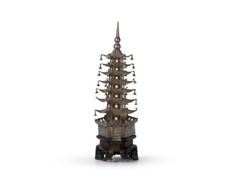  EXPORT SILVER PAGODA LATE QING TO REPUBLIC PERIOD, YANG QING HE, SHANGHAI, CA. 1830-1930 清末民初 「上」、「楊慶和 發記」、「仁記」錘印款 外銷銀七級浮屠擺件