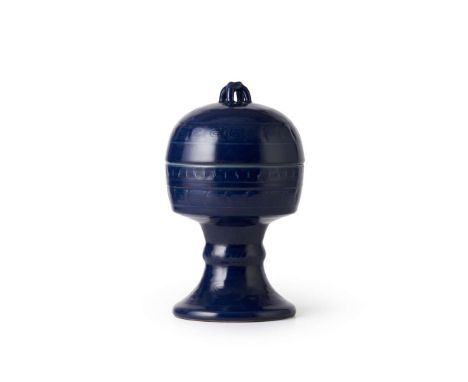  BLUE-GLAZED 'DOU' RITUAL VESSEL AND COVER QIANLONG MARK 乾隆款 霽藍釉豆形器帶蓋moulded in shallow relief with archaistic motifs and lin