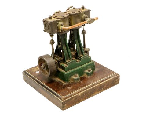 Stuart Stationary Marine Engine with twin cylinders on mahogany base 5 1/2", 14cm high